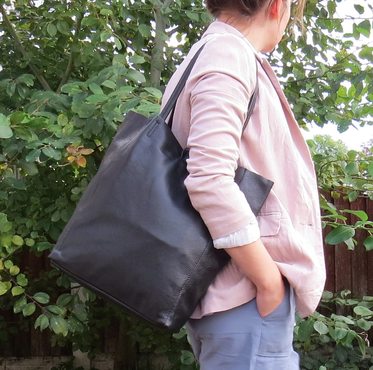 Navy Blue Genuine Leather Shopper Bag Large Leather Star Tote Bag