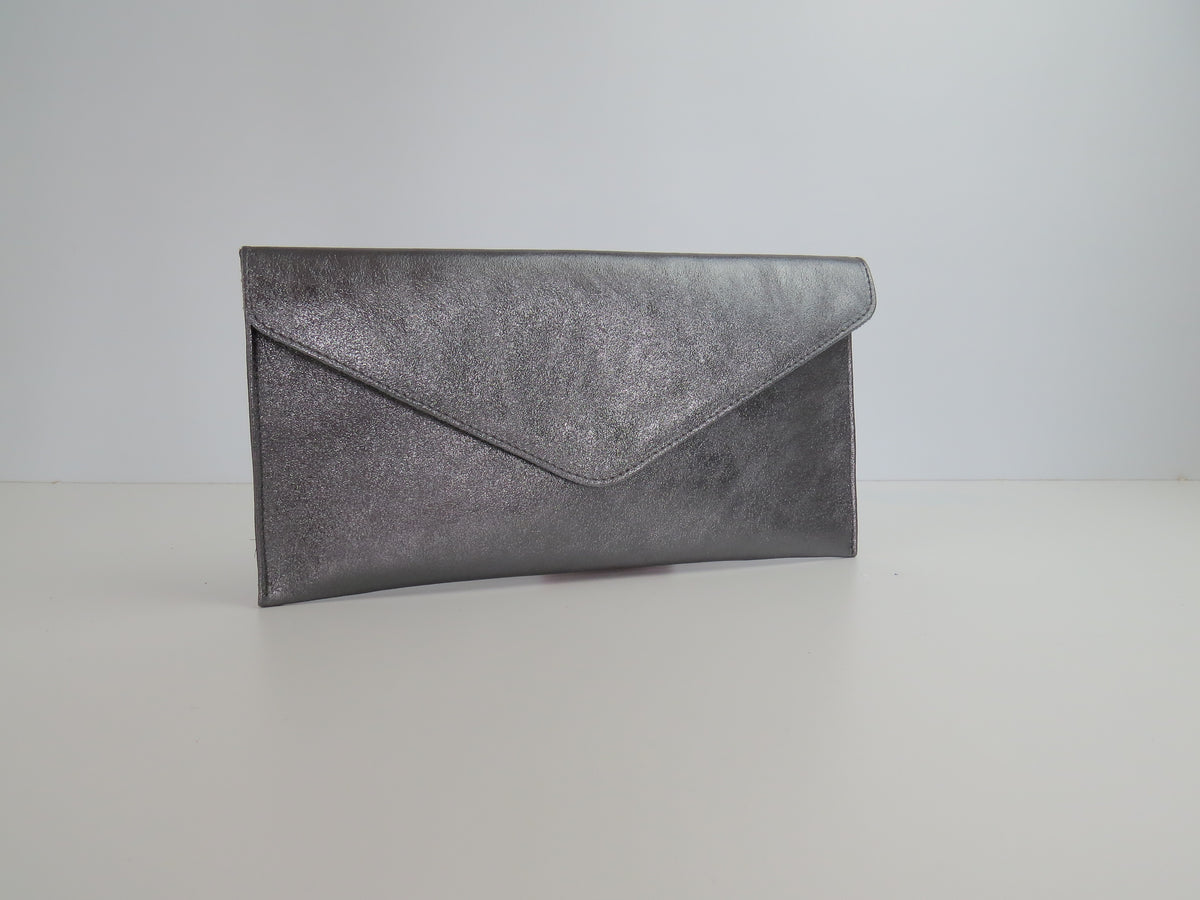 Metallic Dark Pewter Grey Envelope Clutch Bag