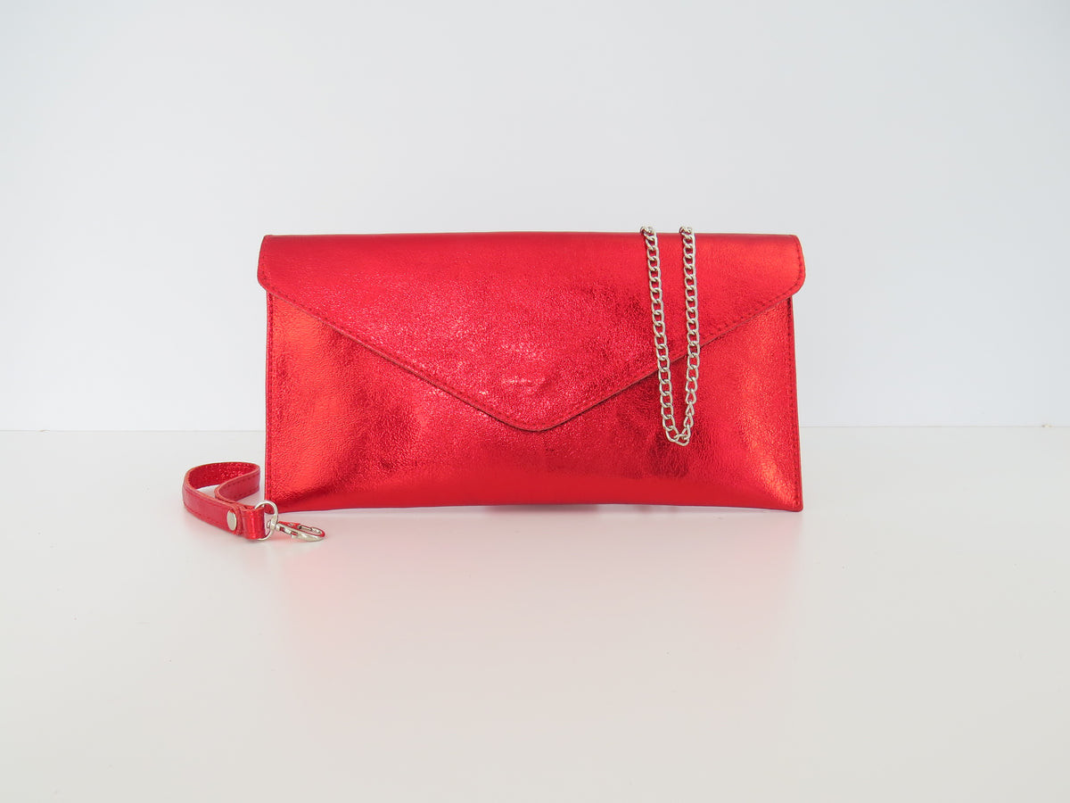 Metallic Scarlet Red Envelope Clutch Bag