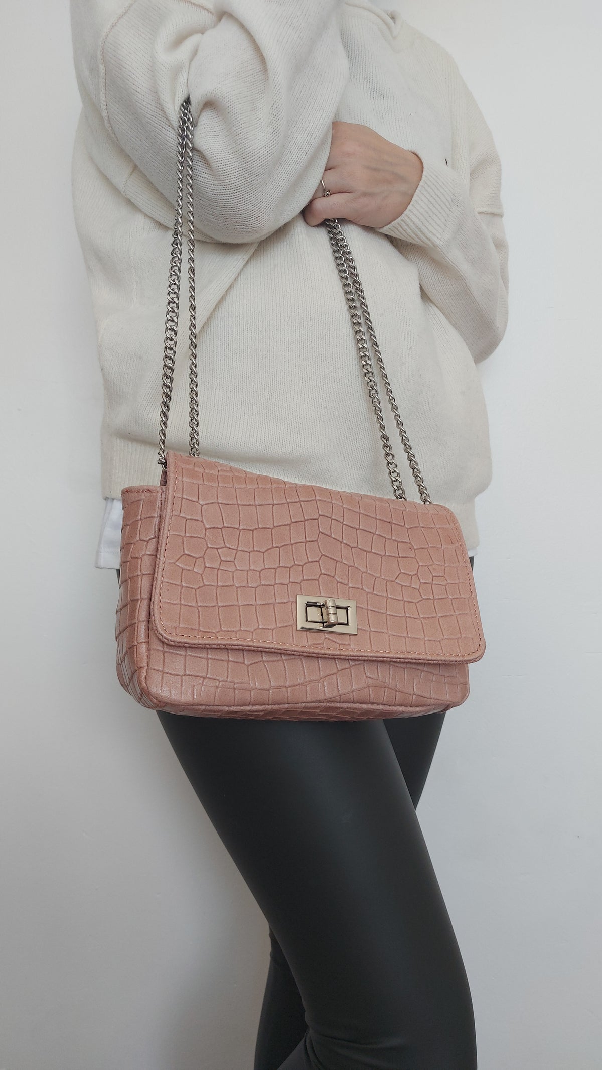 Genuine Italian Leather Croc Effect Crossbody Bag