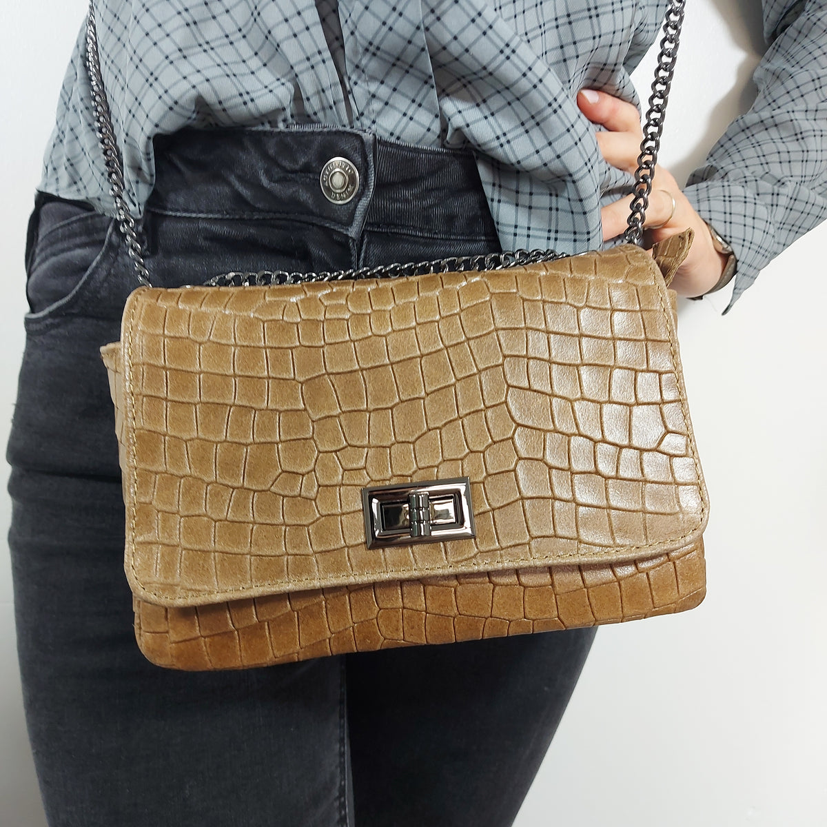 Genuine Italian Leather Croc Effect Crossbody Bag