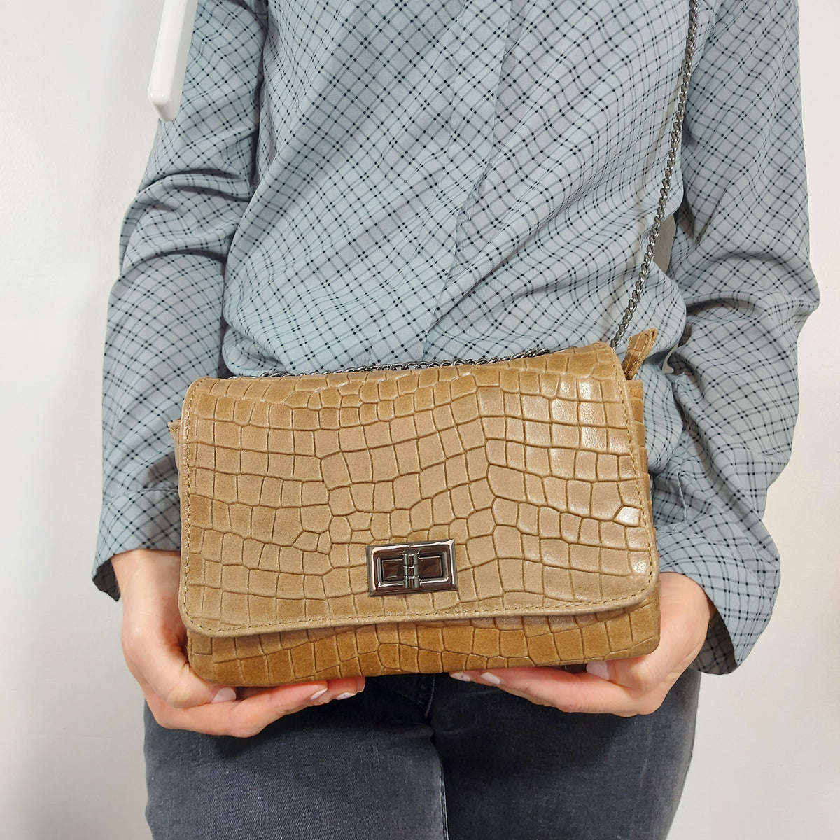 Genuine Italian Leather Croc Effect Crossbody Bag
