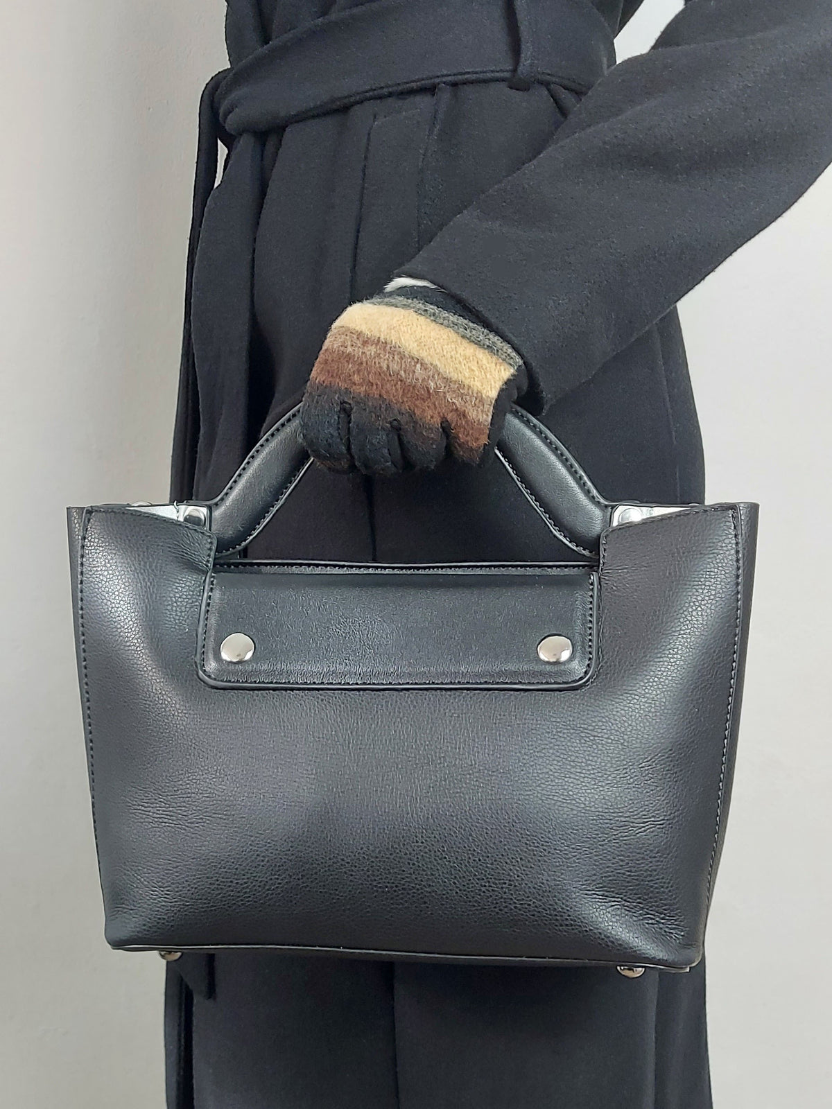 Black Faux Leather Structured Handbag With Extra Long Strap