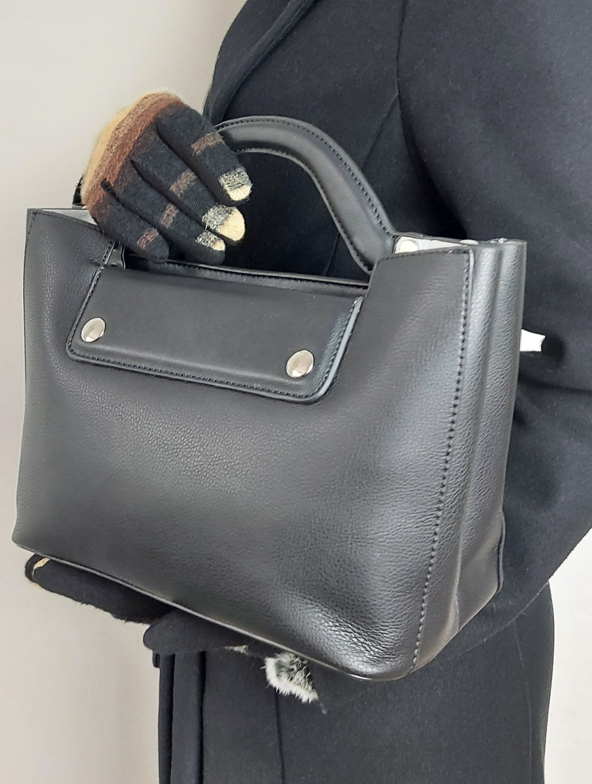 Black Faux Leather Structured Handbag With Extra Long Strap