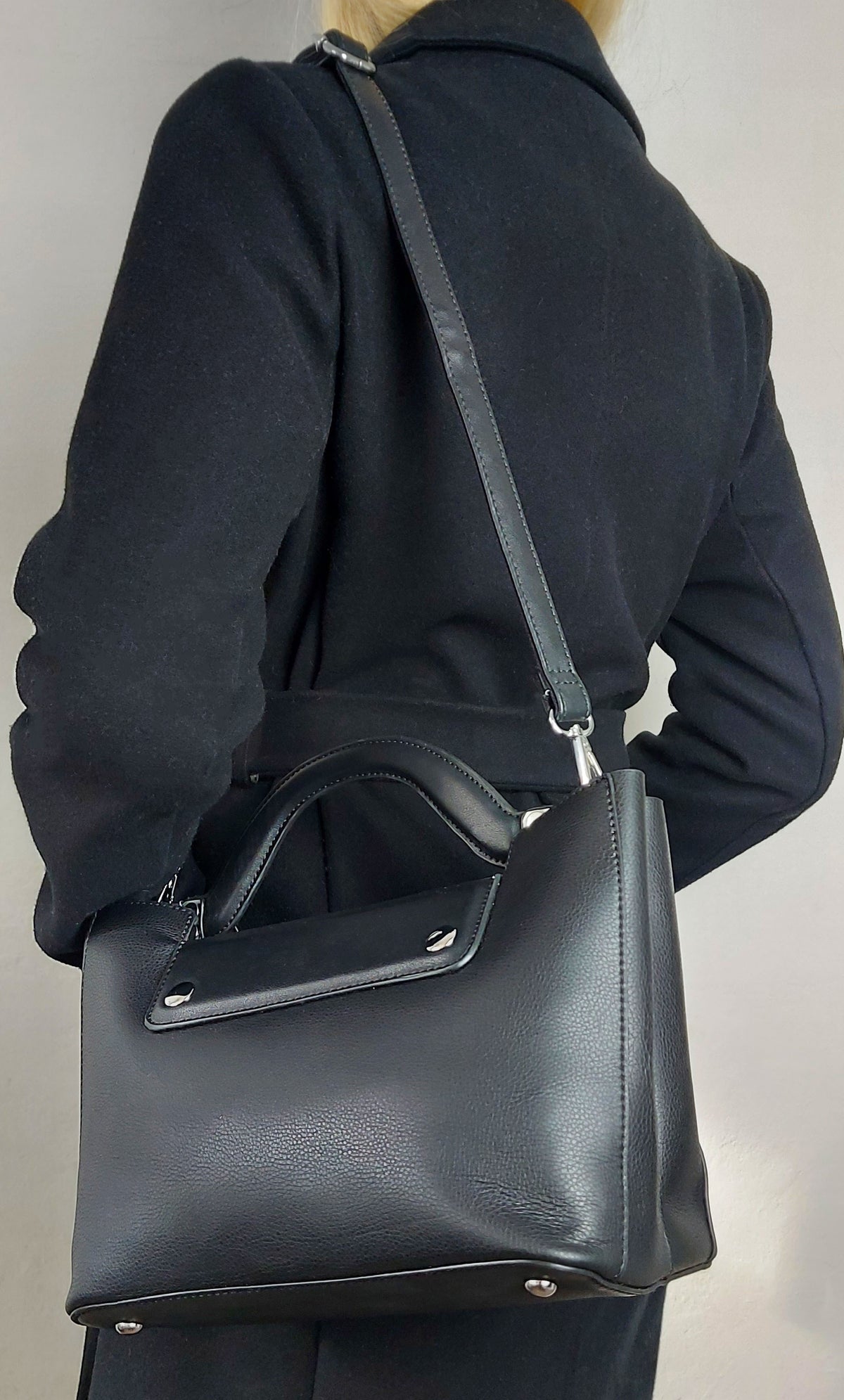 Black Faux Leather Structured Handbag With Extra Long Strap