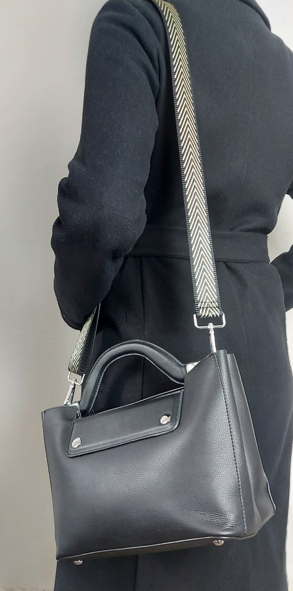 Black Faux Leather Structured Handbag With Extra Long Strap