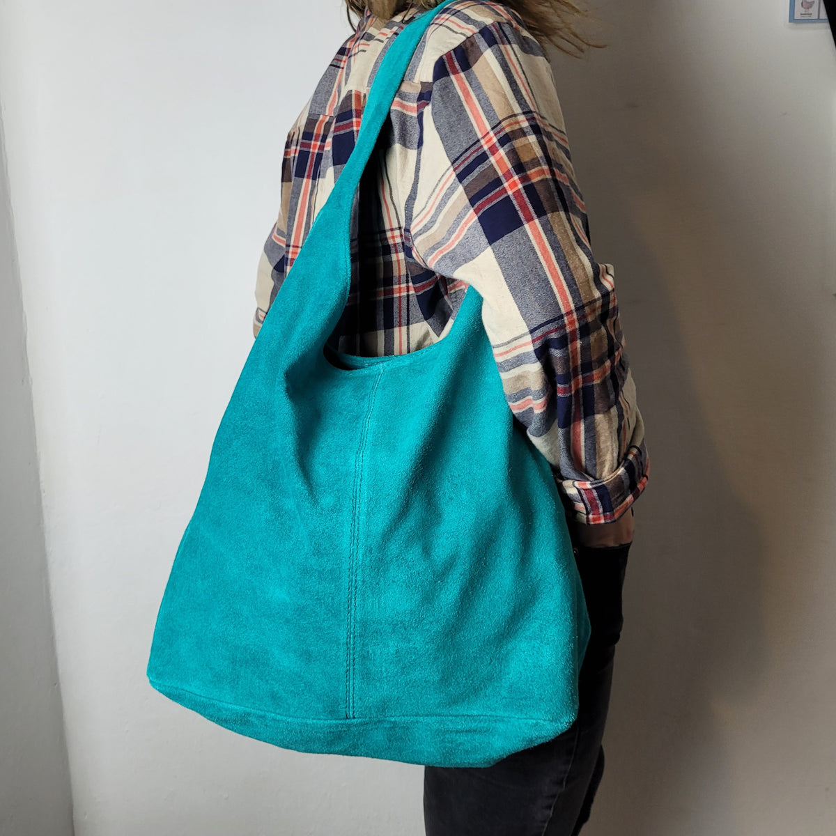 Genuine Suede Dark Green Leather Large Hobo Shopper