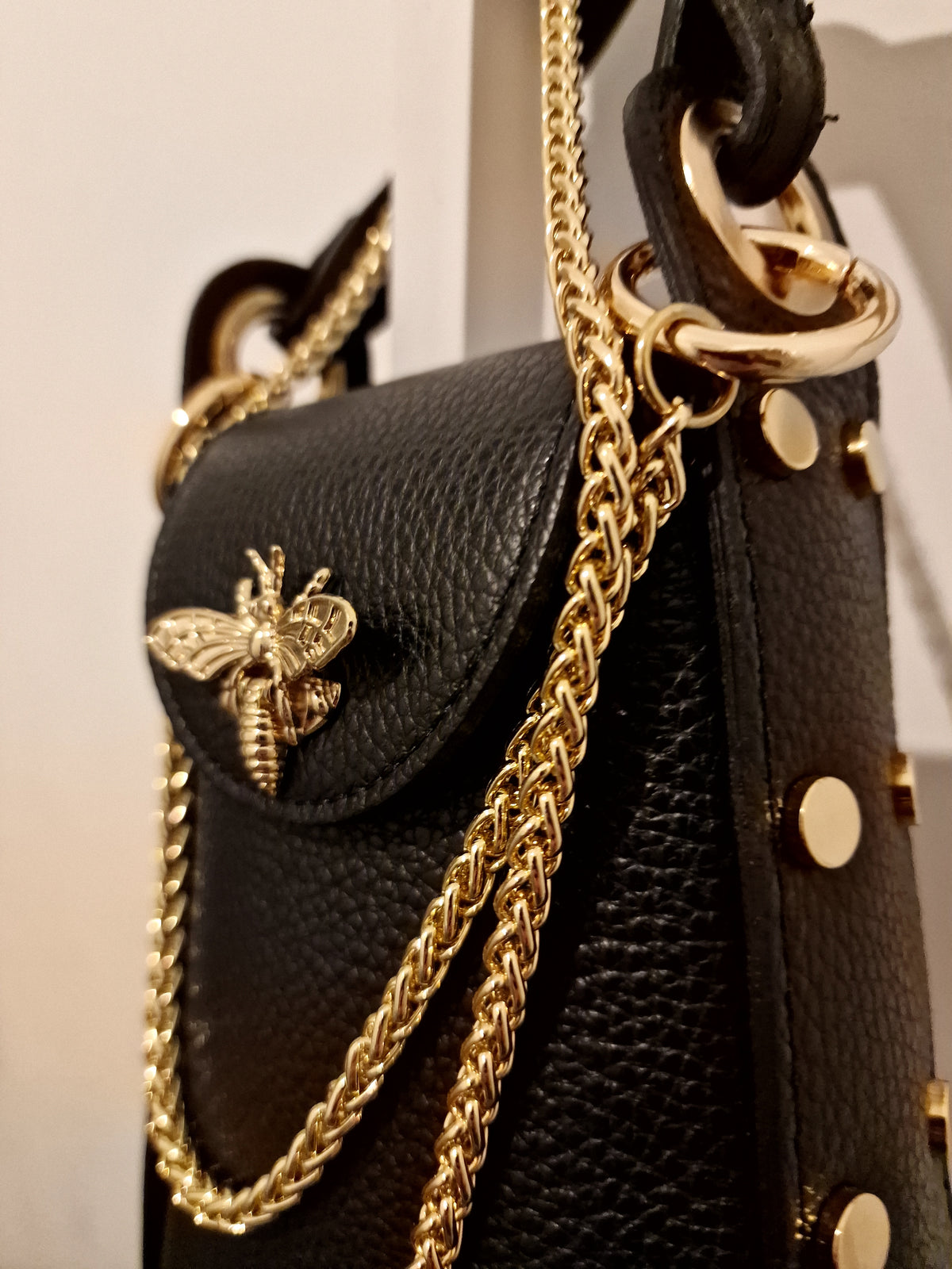 Genuine Black Leather Bee Inspired Mini Crossbody Bag