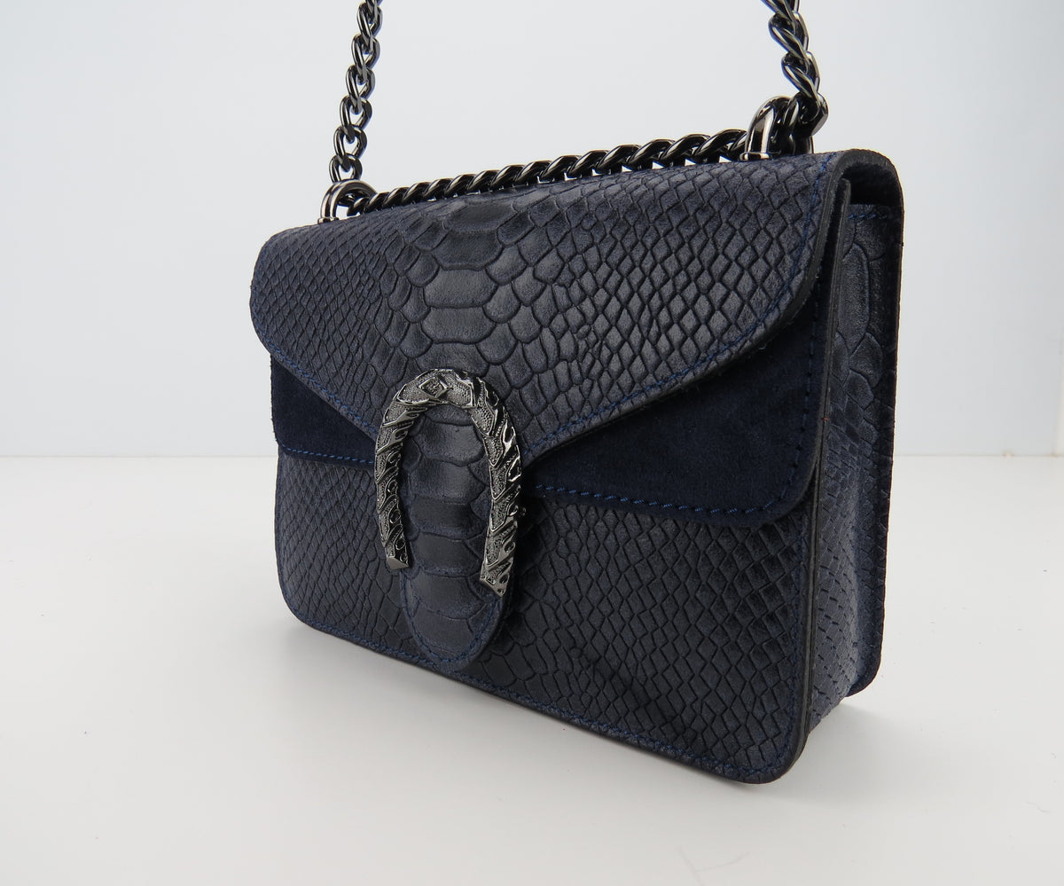 Genuine Leather Snake Effect Navy Handbag Christmas Present For Her