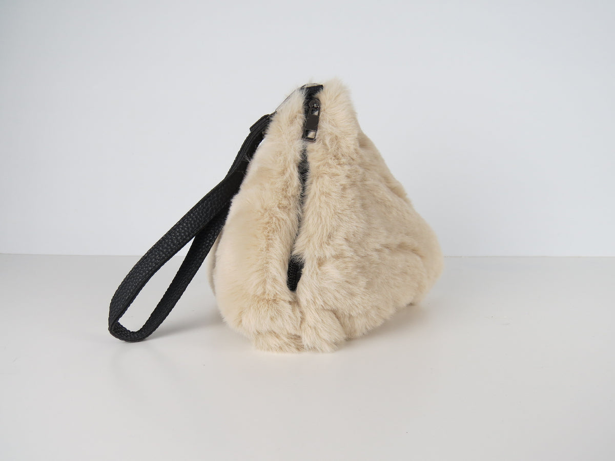 Triangular Beige Faux Fur Bag Soft Fluffy Purse