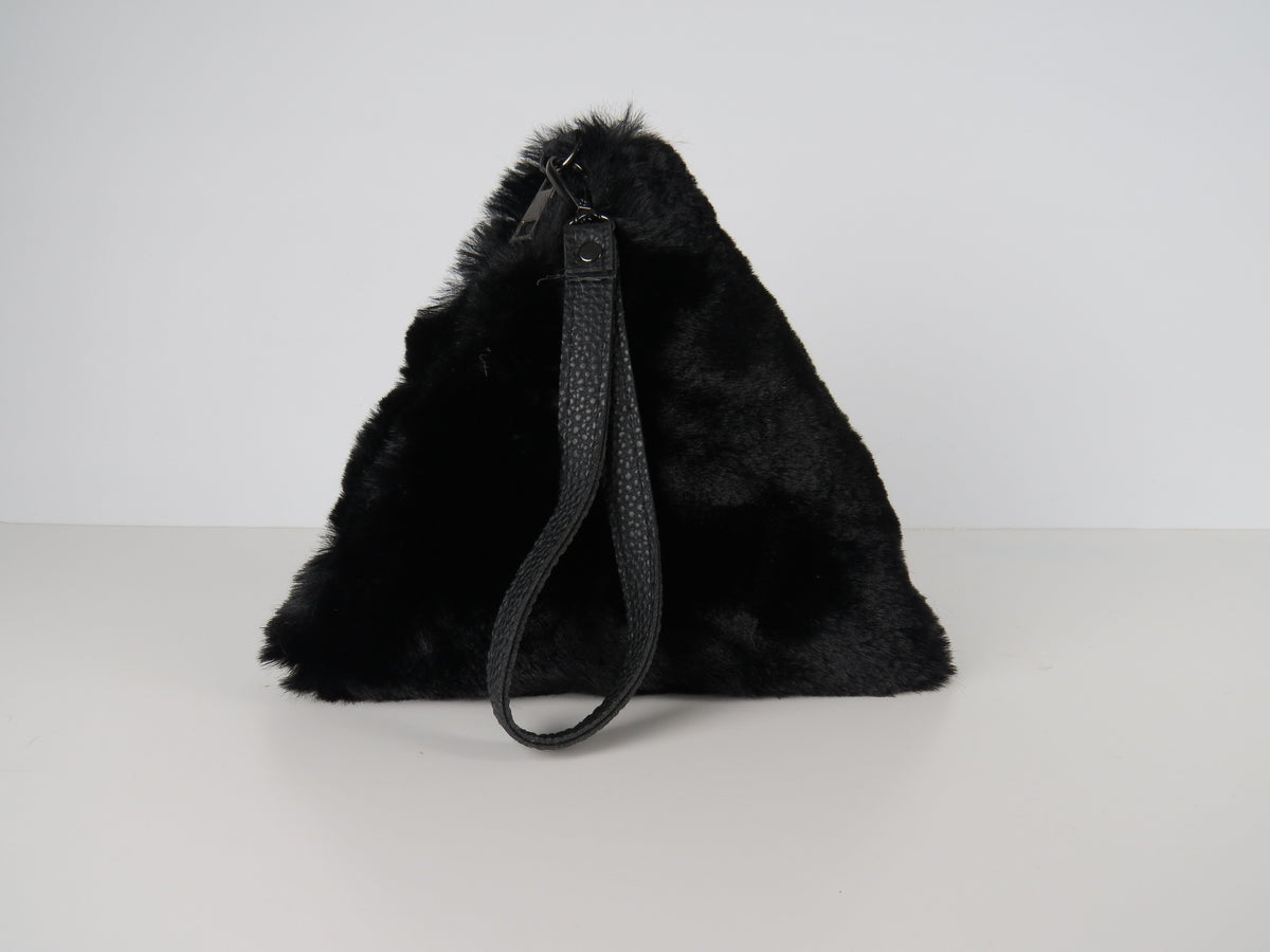 Triangular Black Faux Fur Bag Soft Fluffy Purse