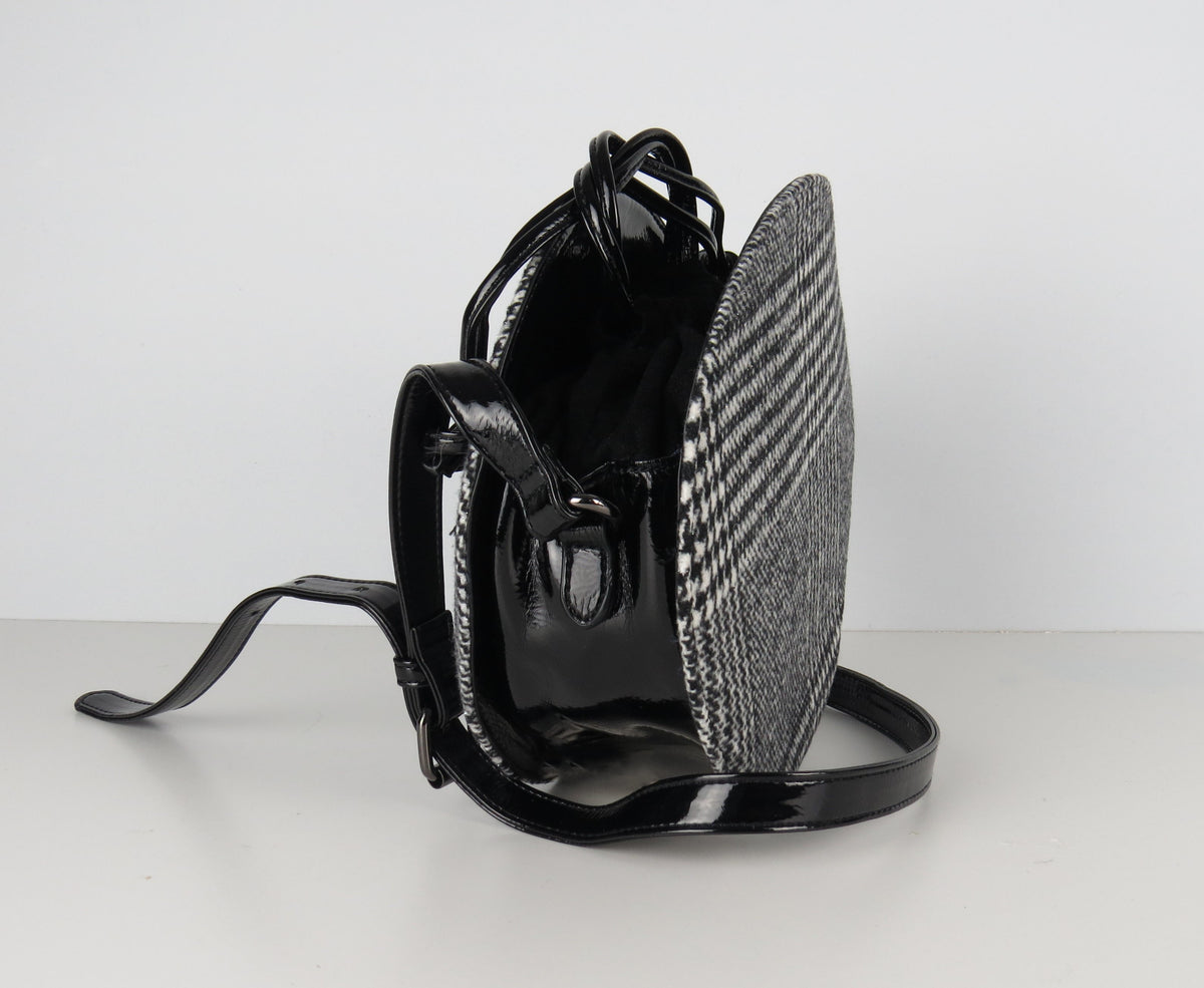 Retro styled Black And White Tweed patterned Round Crossbody bag