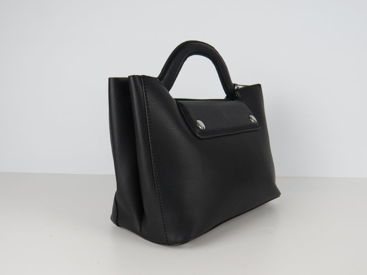 Black Faux Leather Structured Handbag With Extra Long Strap