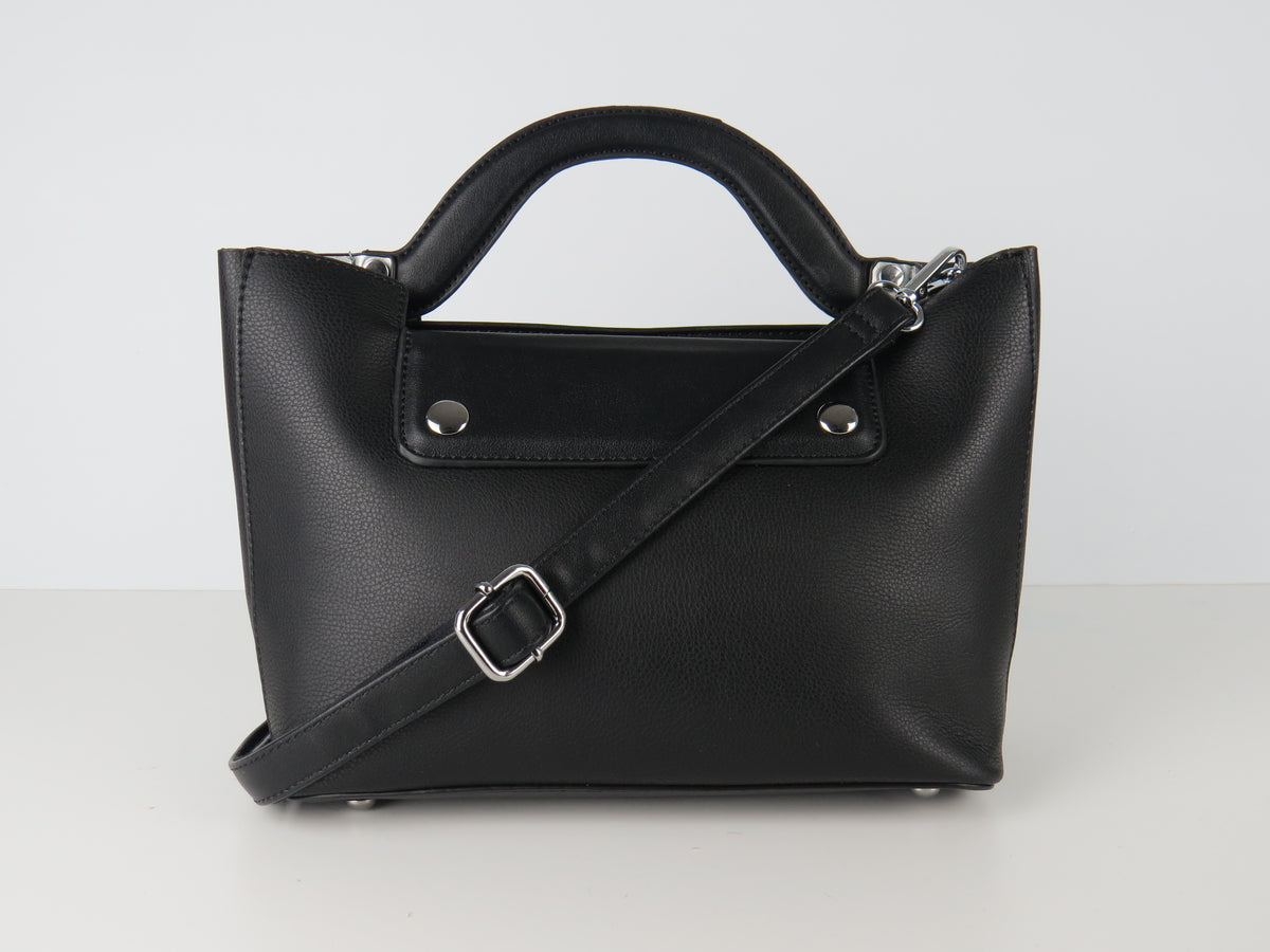 Black Faux Leather Structured Handbag With Extra Long Strap