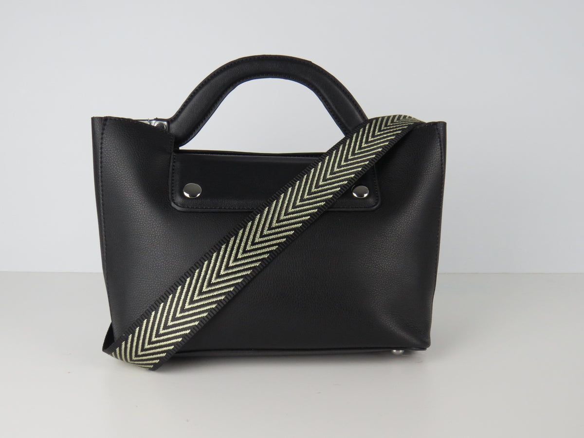 Black Faux Leather Structured Handbag With Extra Long Strap