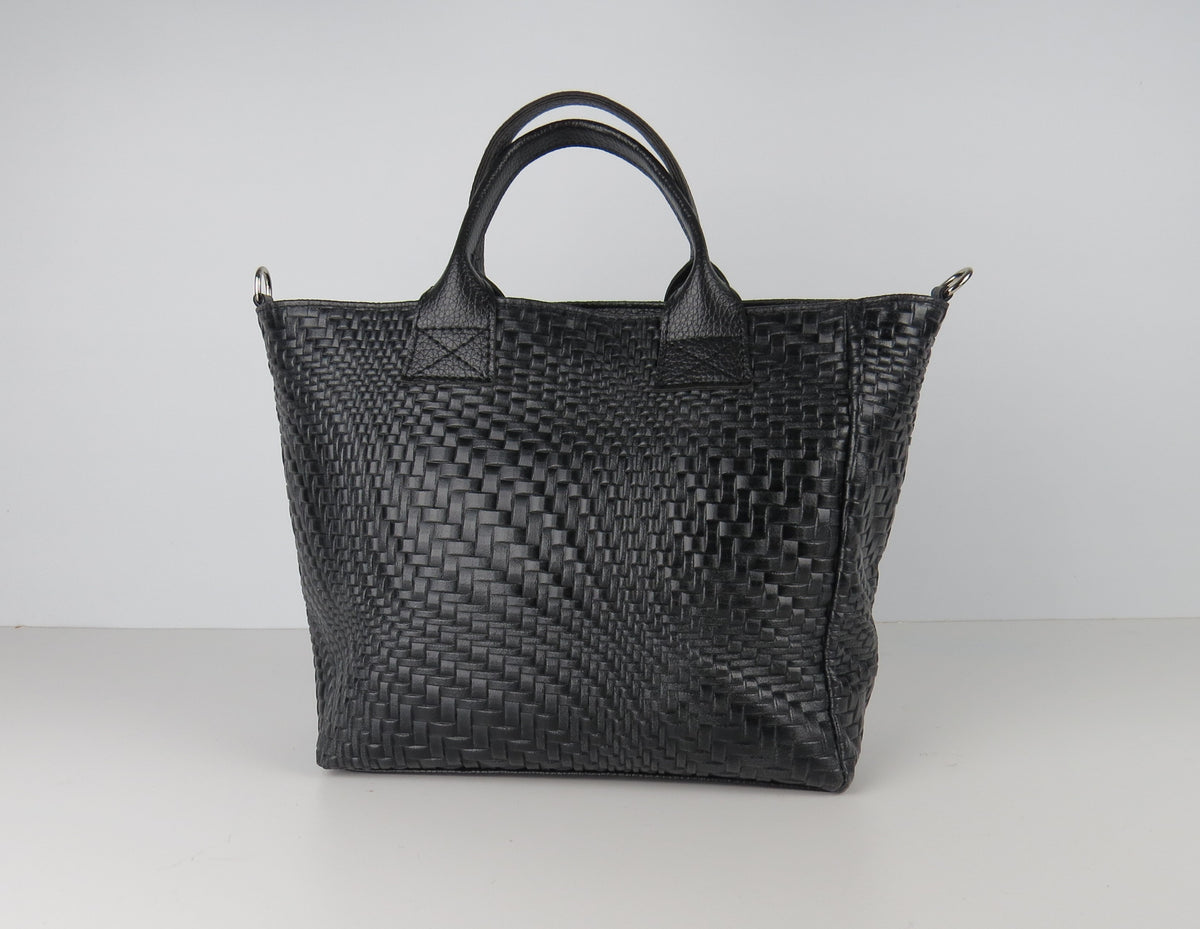 Black Leather Structured Handbag Shoulder Tote Grab Bag