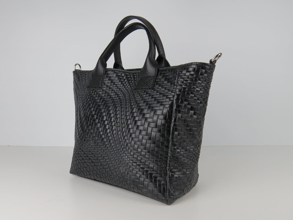 Black Leather Structured Handbag Shoulder Tote Grab Bag
