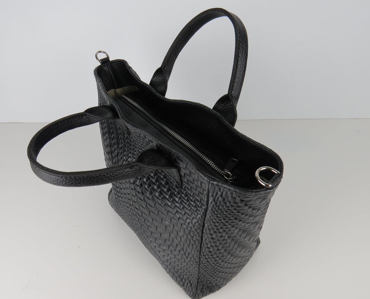 Black Leather Structured Handbag Shoulder Tote Grab Bag
