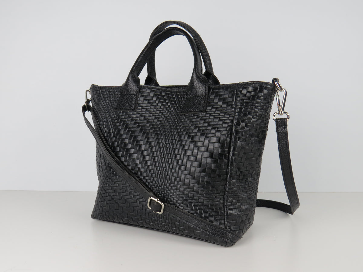 Black Leather Structured Handbag Shoulder Tote Grab Bag