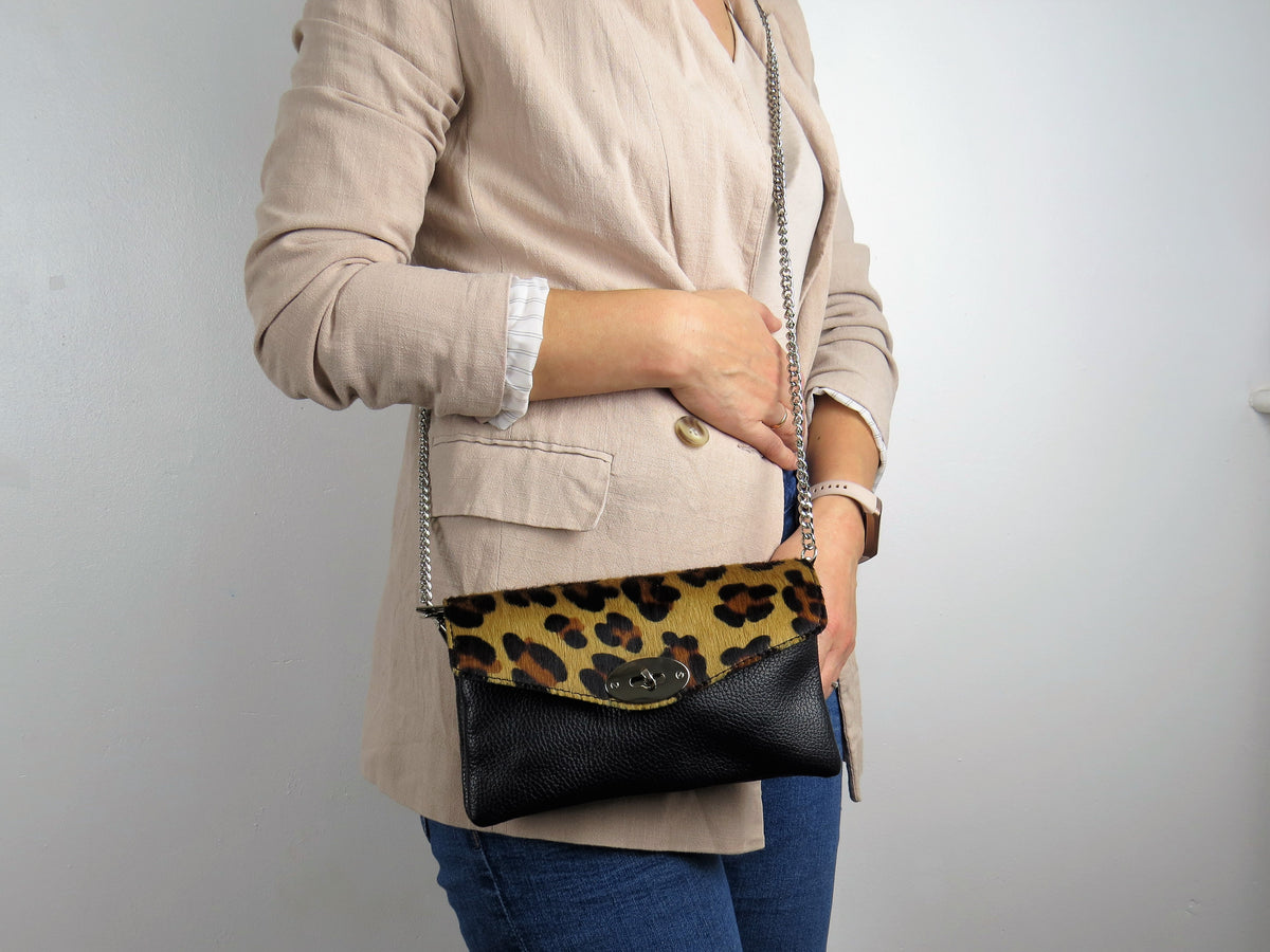 Genuine Italian Leather Mini Leopard Print Crossbody Bag