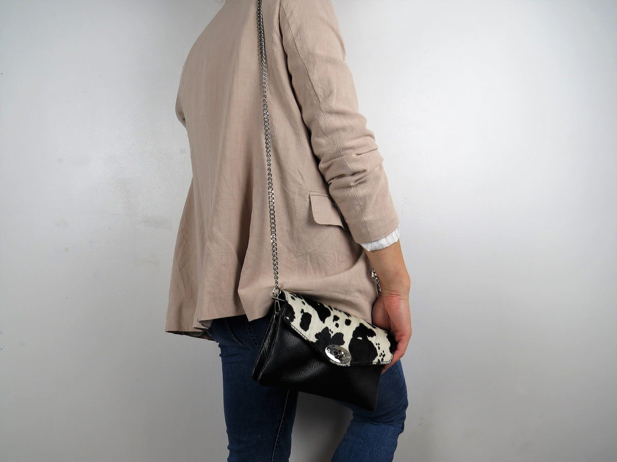 Genuine Italian Leather Mini Cow Print Crossbody Bag