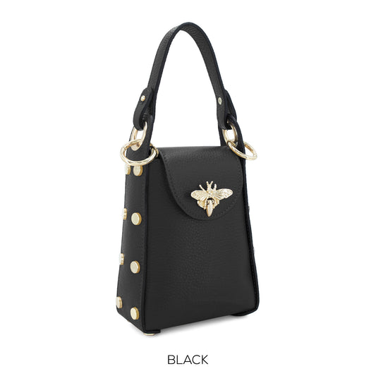 Genuine Black Leather Bee Inspired Mini Crossbody Bag