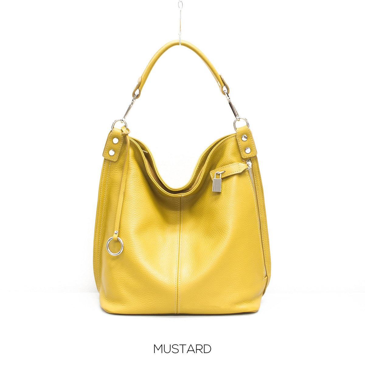Genuine Leather Right Pocket Hobo Bag Made in Italy Front pocket secured by a pull padlock soft ladies handbag pebbled Leather Gift For Her