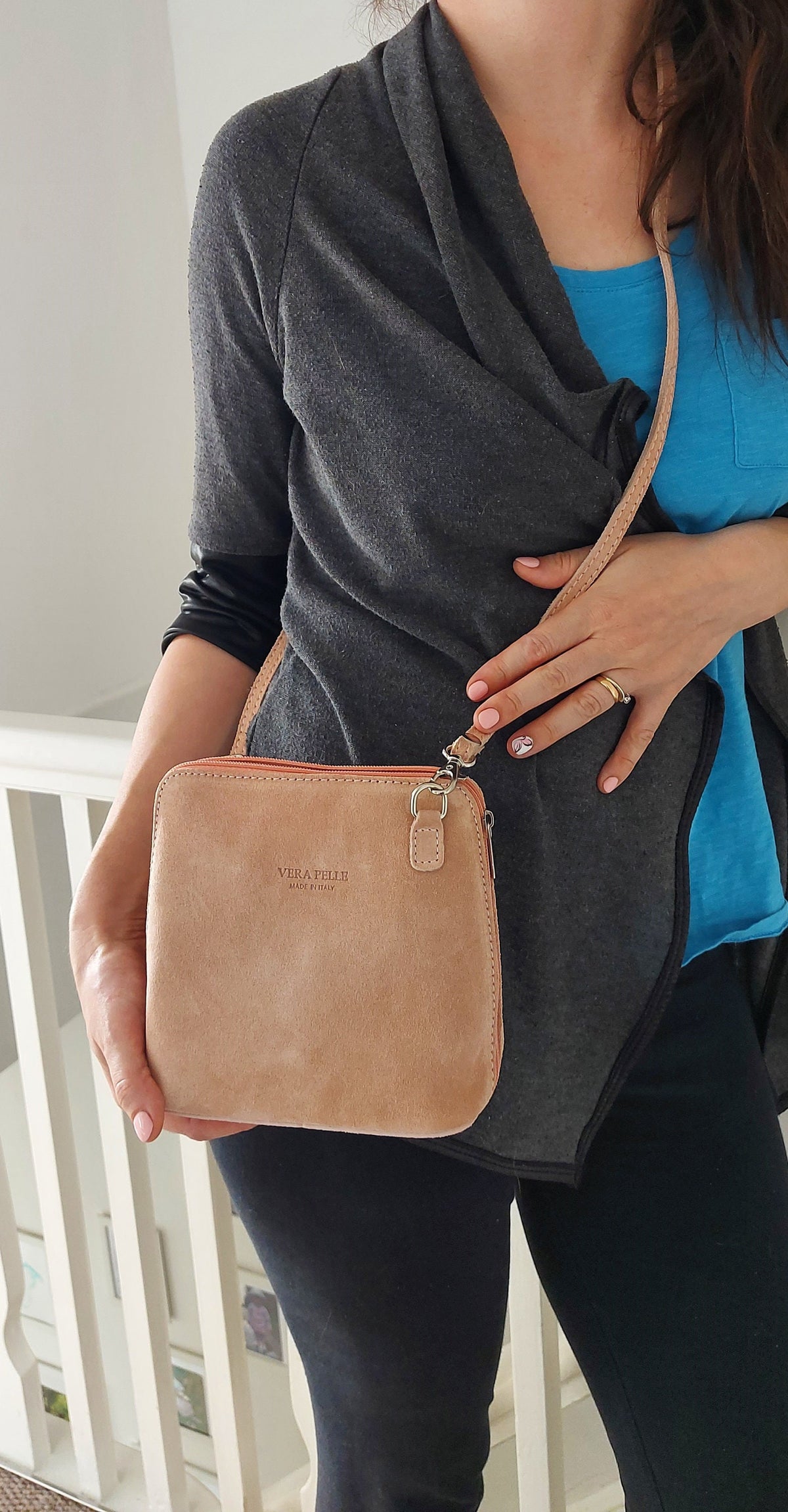 Real Leather Suede Crossbody Bag VERA PELLE Real Italian Suede Leather Small Crossbody Shoulder Bag Nude bag Nude Suede Bag Cute Crossbody