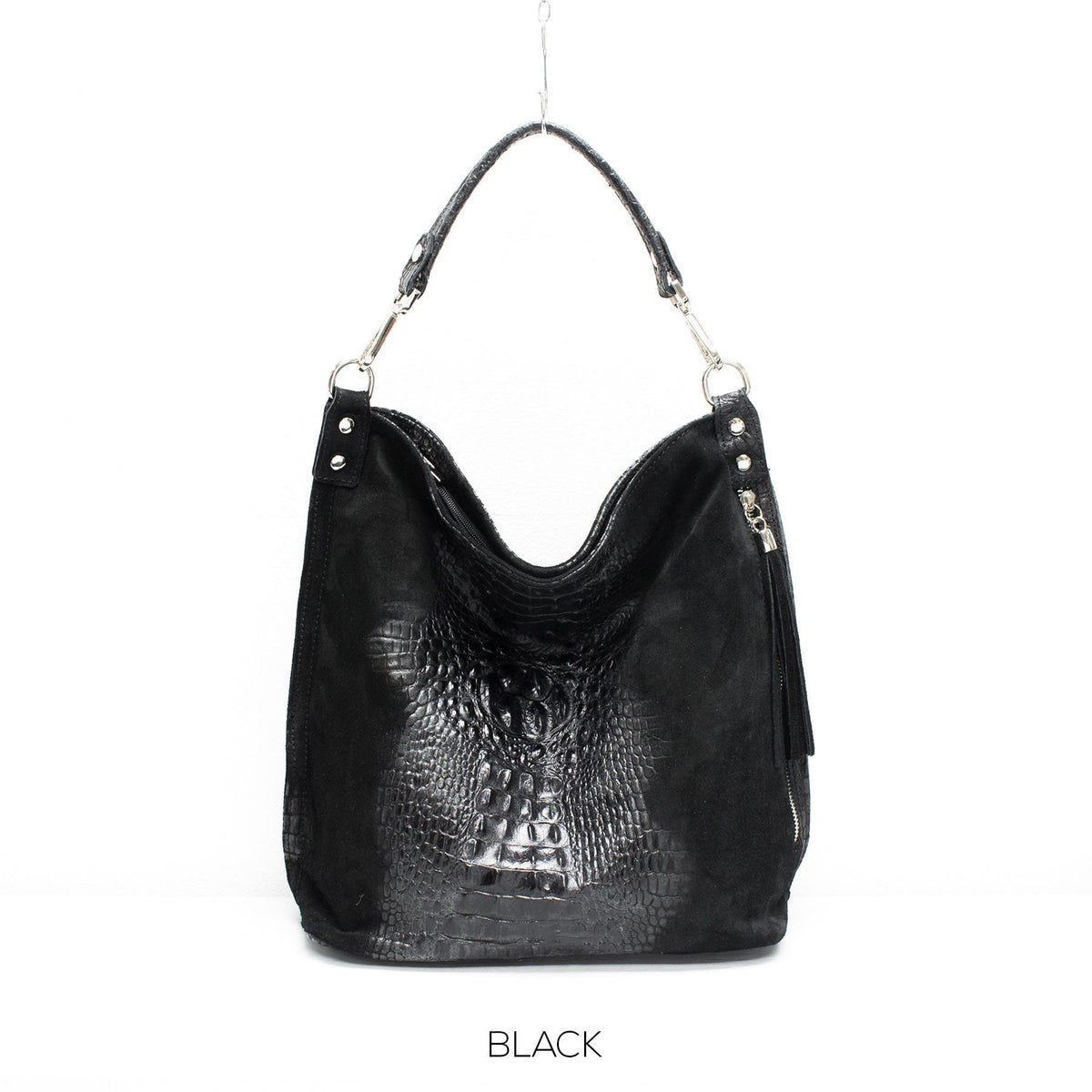 Genuine Real Suede Leather Croc Effect Hobo Bag