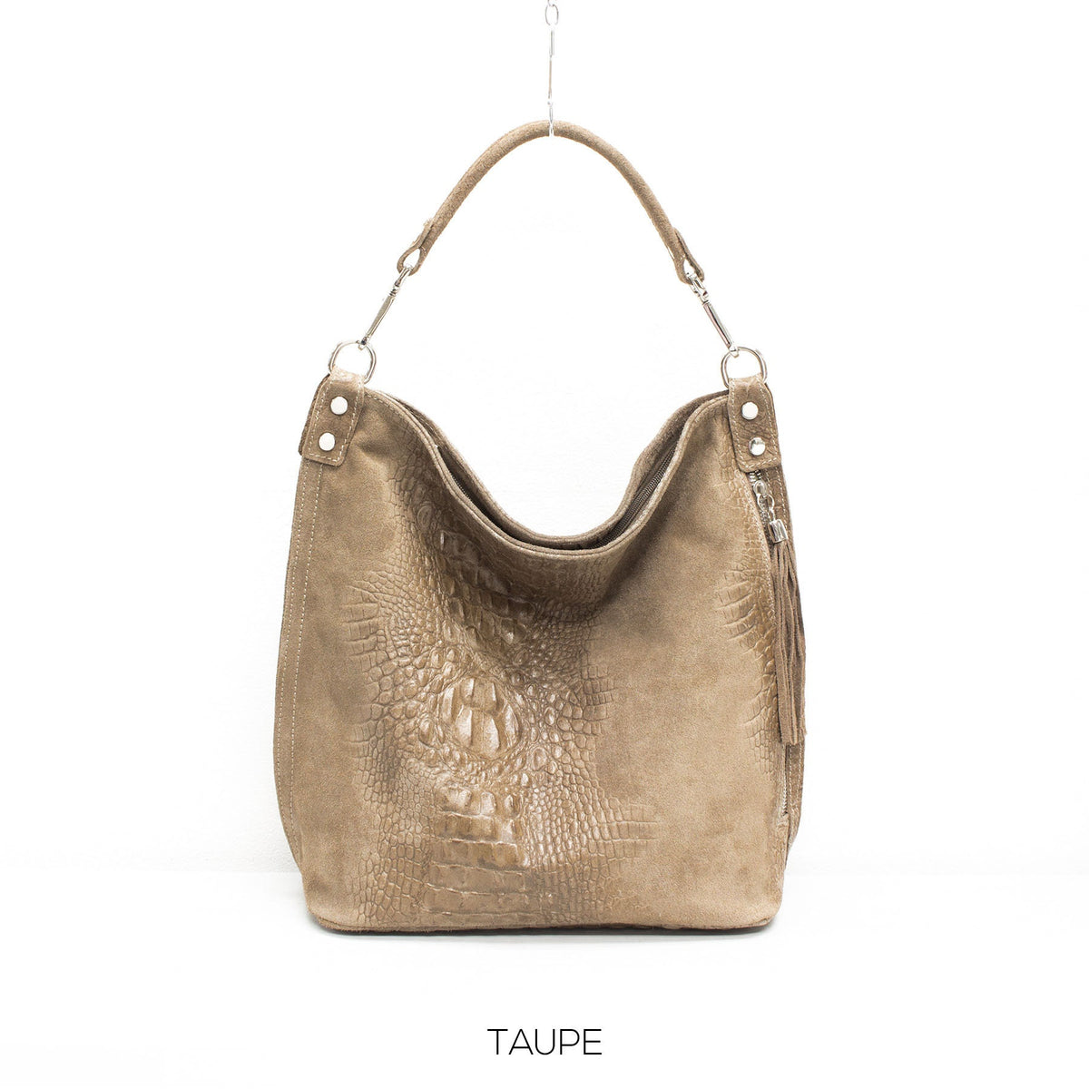 Genuine Real Suede Leather Croc Effect Hobo Bag