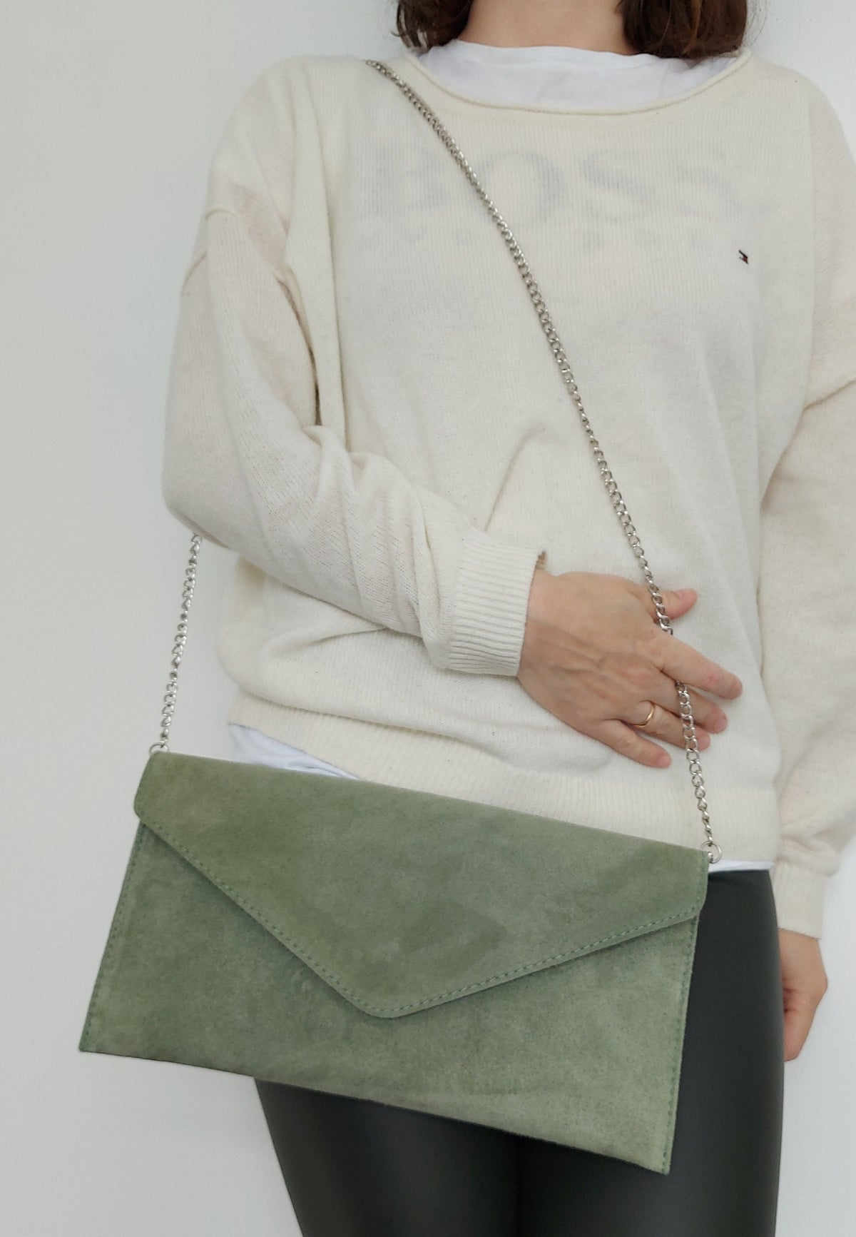 Sage Green envelope clutch bag with chain strap
