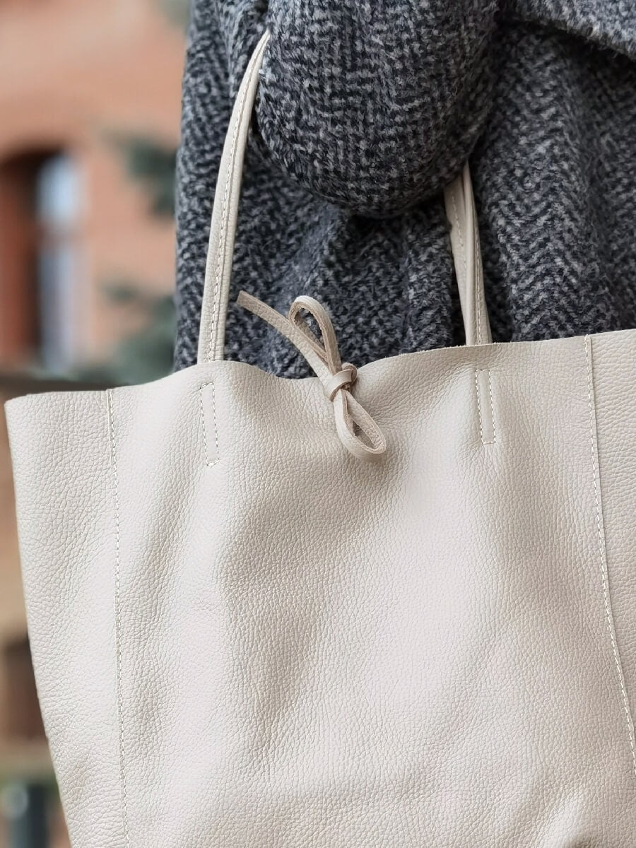 Ivory Cream Genuine Leather Shopper Bag Large Leather Tote Bag