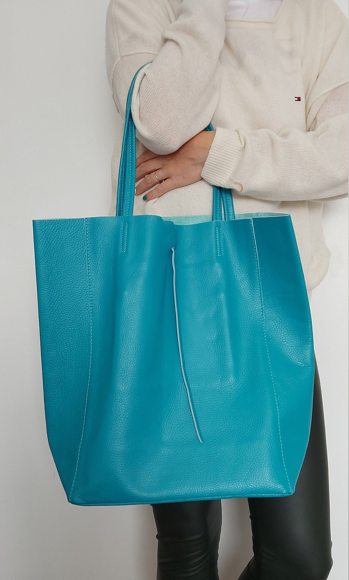 Turquoise Genuine Leather Shopper Bag Large Leather Tote Bag