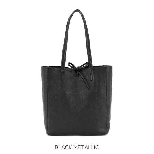 Genuine Leather Medium Black Metallic Leather Shopper