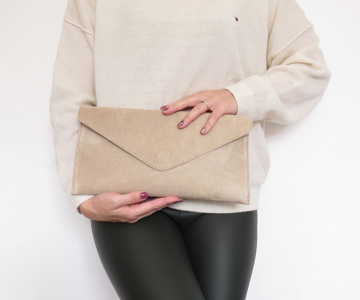 Beige Suede envelope clutch bag