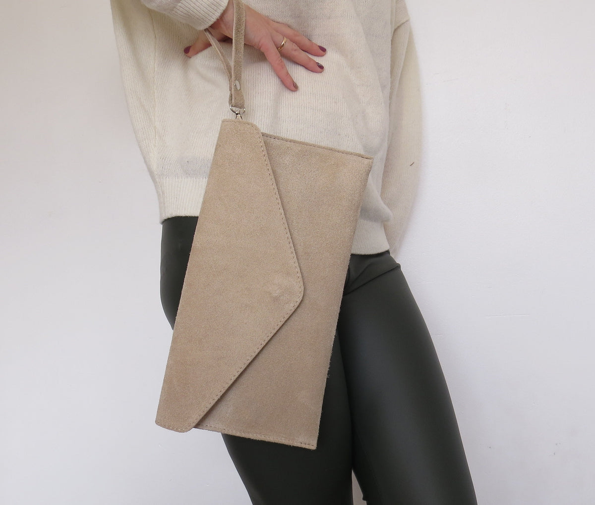 Beige Suede envelope clutch bag