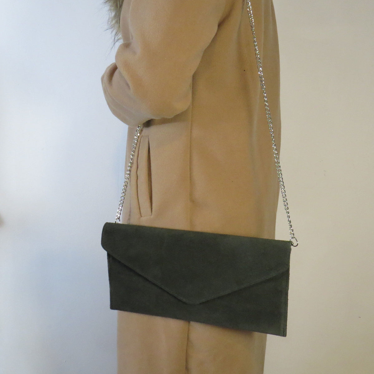 Dark Green envelope clutch bag with chain strap