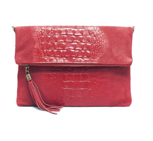 Italian Suede Leather Clutch Bag Croc Effect Crossbody Bag Spring/Summer Wedding Parties Bridesmaids Gift Evening Bag Made in Italy