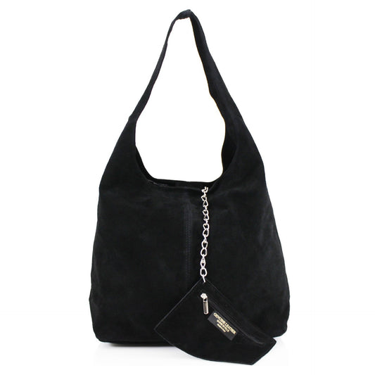 Genuine Suede Black Leather Large Hobo Shopper