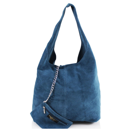 Genuine Suede Denim Blue Leather Large Hobo Shopper
