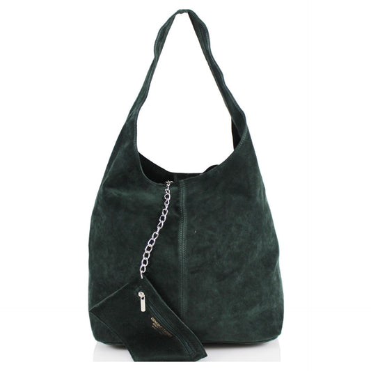 Genuine Suede Dark Green Leather Large Hobo Shopper