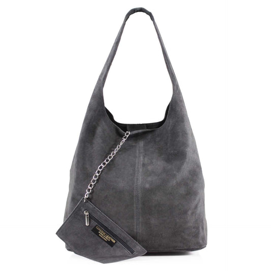 Genuine Suede Dark Grey Leather Large Hobo Shopper