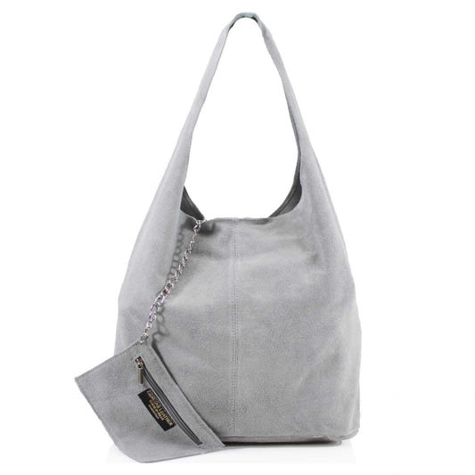 Genuine Suede Light Grey Leather Large Hobo Shopper