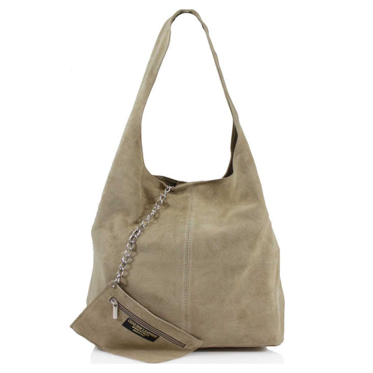 Genuine Suede Taupe Leather Large Hobo Shopper